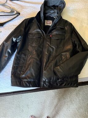 Levi's Black Faux Leather Bomber Jacket with Gray Hood